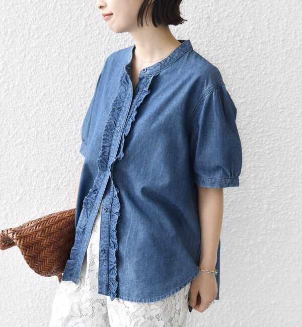 SHIPS for women「《予約》【WEB限定】〈手洗い可能〉ライト オンス フリル デニム 半袖 シャツ」|シャツ・ブラウス|