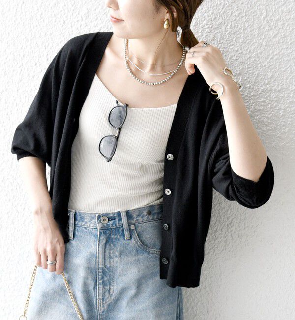 SHIPS any「《予約》SHIPS any:〈手洗い可能〉リネン ミックス Vネック ショート シアー カーディガン 2」|カーディガン|ブラック