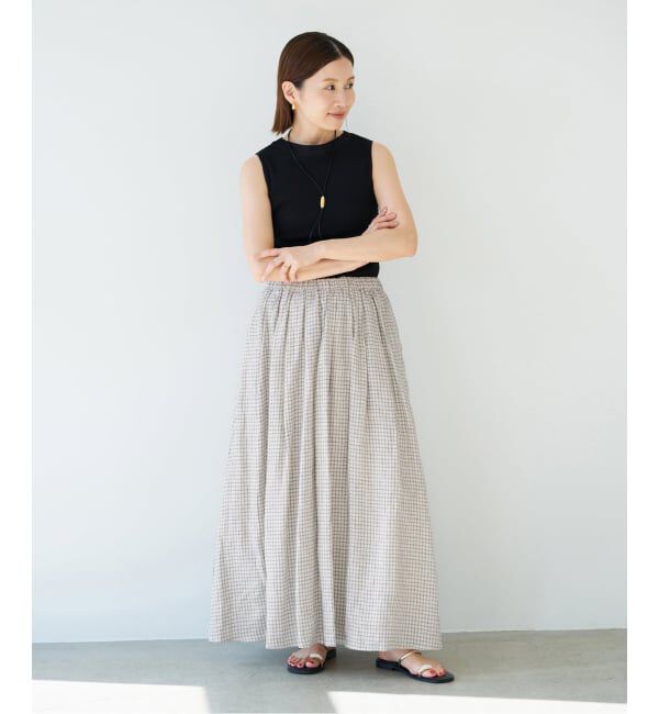 IENA「《セットアップ対応/予約》フレンチリネンチェックタックギャザースカート」|スカート|