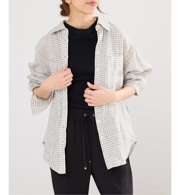 IENA「《セットアップ対応/予約》フレンチリネンチェックレギュラーカラーシャツ」|シャツ・ブラウス|