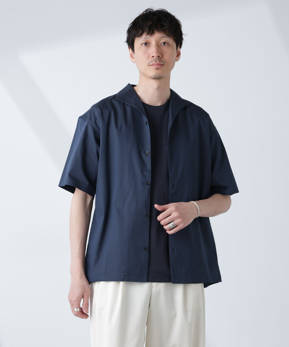 nano･universe「ソラーロライトストレッチワイドカラーシャツ 半袖(セットアップ可)」|シャツ・ブラウス|ネイビー