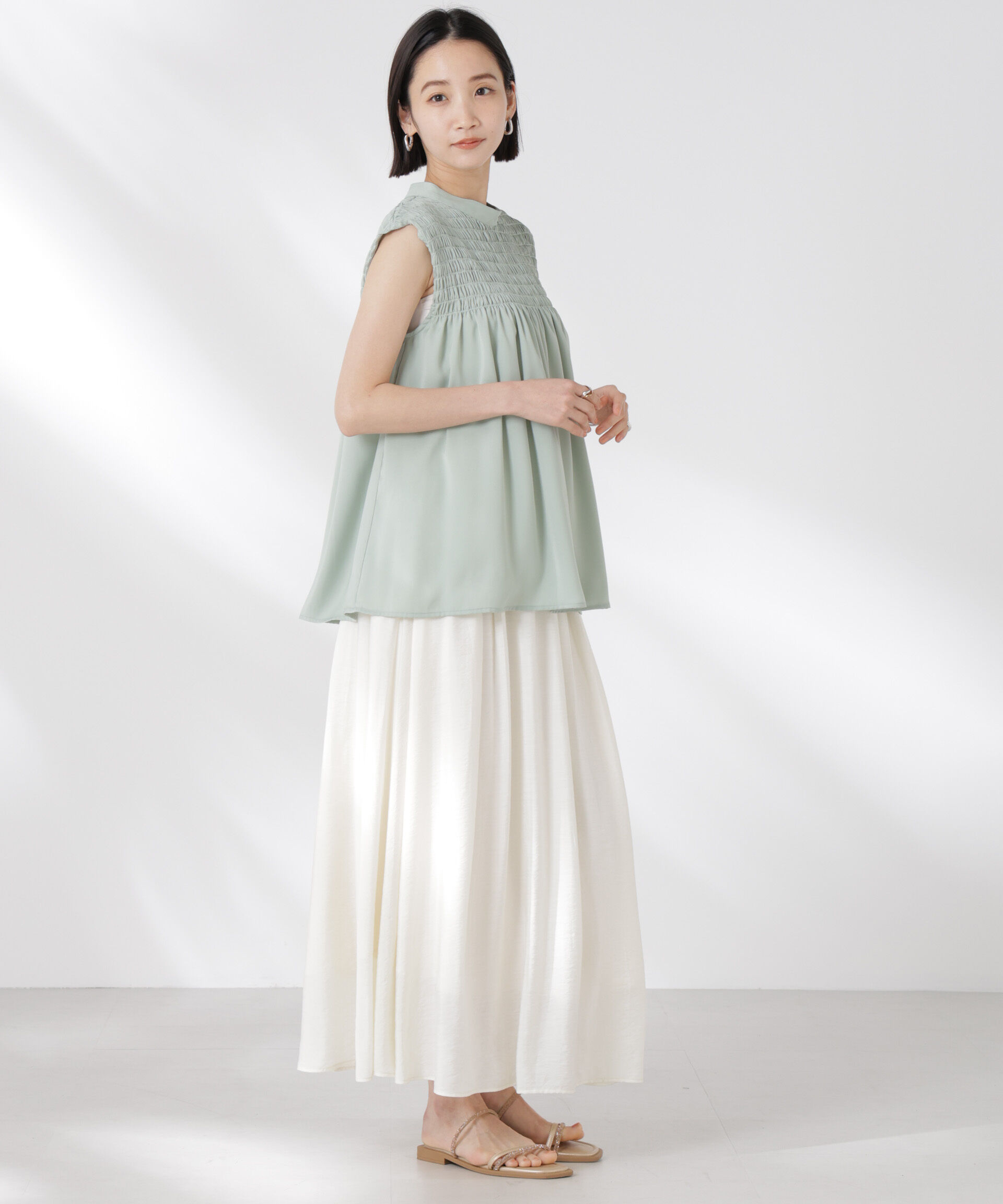 nano･universe「フロントシャーリングノースリーブブラウス」|シャツ・ブラウス|