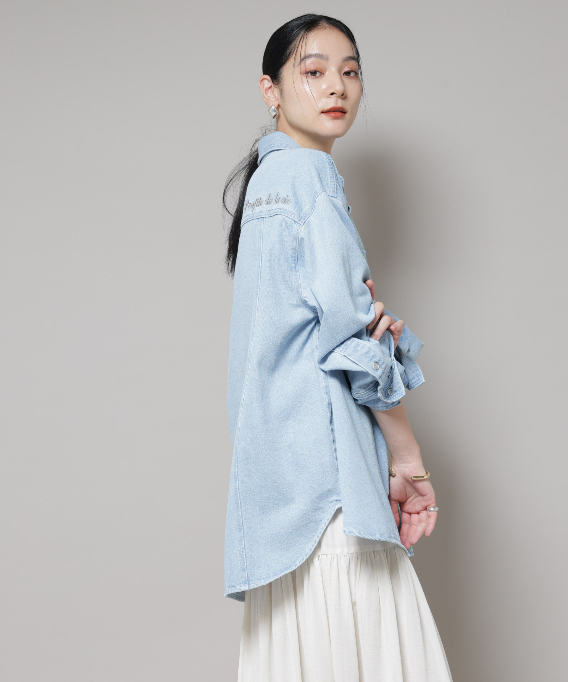 nano･universe「刺繍入りデニムワイドシャツ(セットアップ可)」|シャツ・ブラウス|