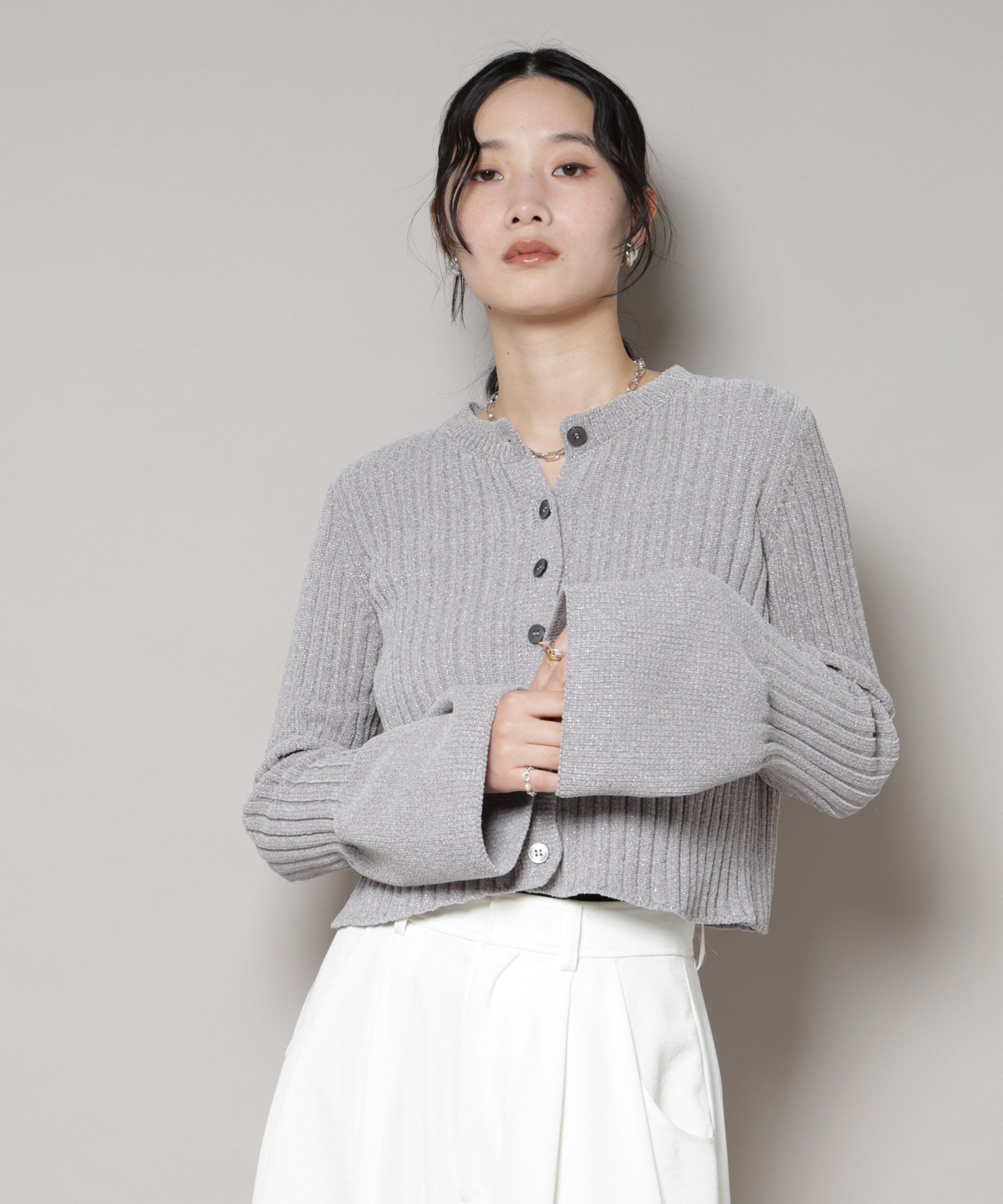 nano･universe「ラメモールワイドリブ前後2WAYフレアスリーブニット(セットアップ可)」|ニット・セーター|