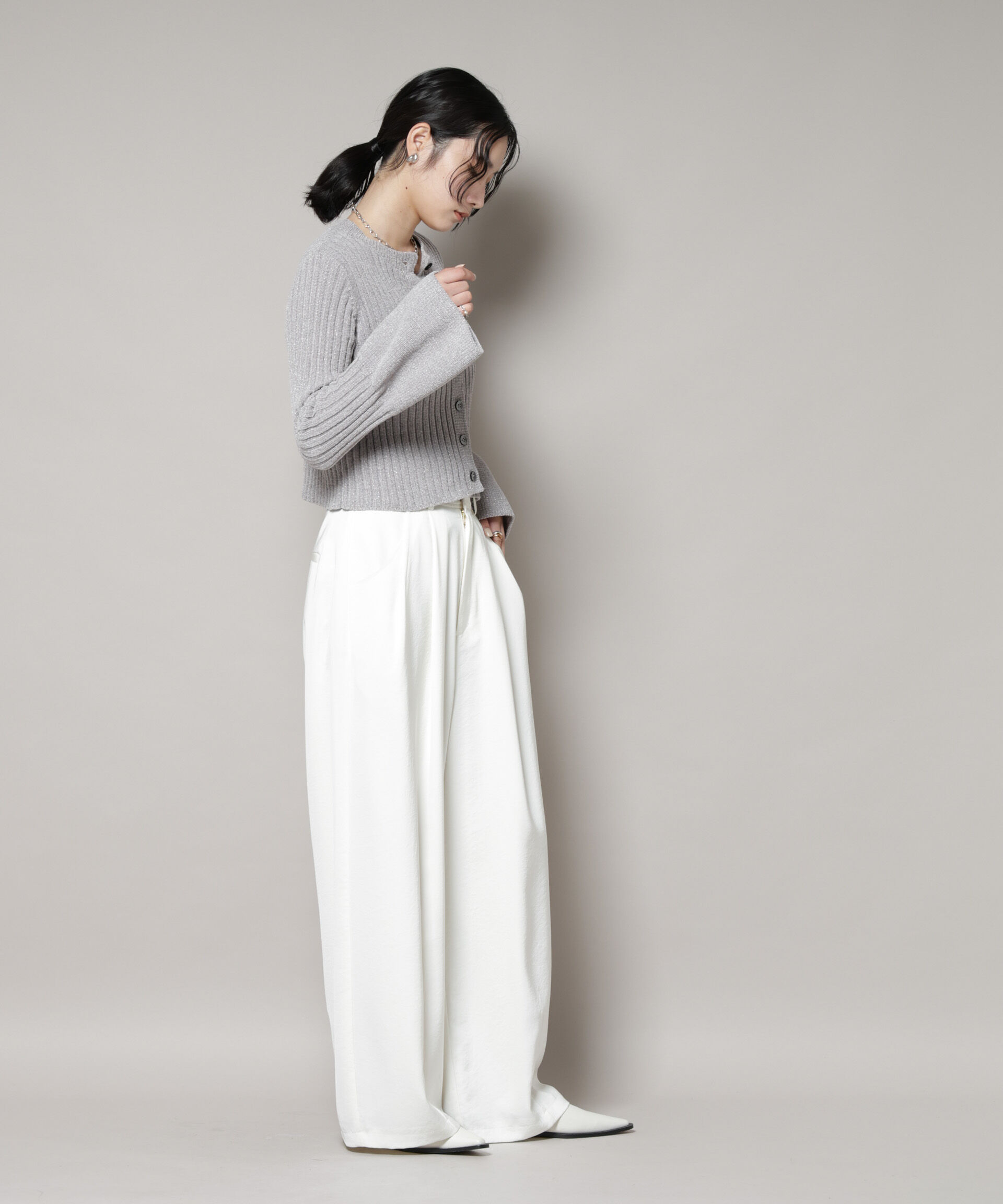 nano･universe「ラメモールワイドリブ前後2WAYフレアスリーブニット(セットアップ可)」|ニット・セーター|