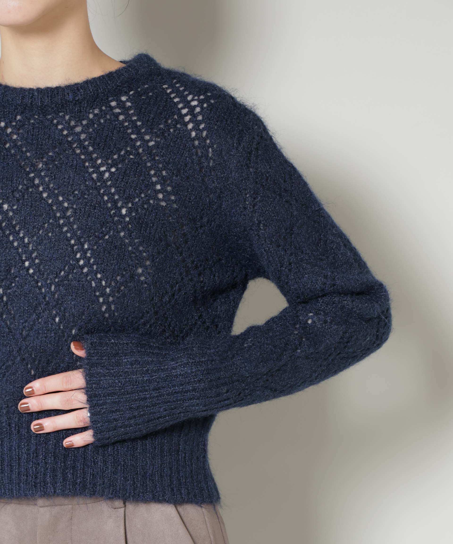 nano･universe「ヘアリー透かしダイヤ柄ニットプルオーバー」|ニット・セーター|