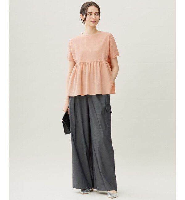 自由区「【洗える】リネンサッカーコンビペプラム カットソー」|Tシャツ・カットソー|