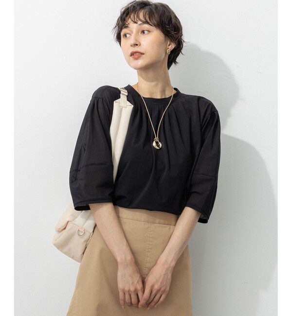 23区「【洗える】クリアトリコットジャージー ギャザーフォルム カットソー」|Tシャツ・カットソー|ブラック系