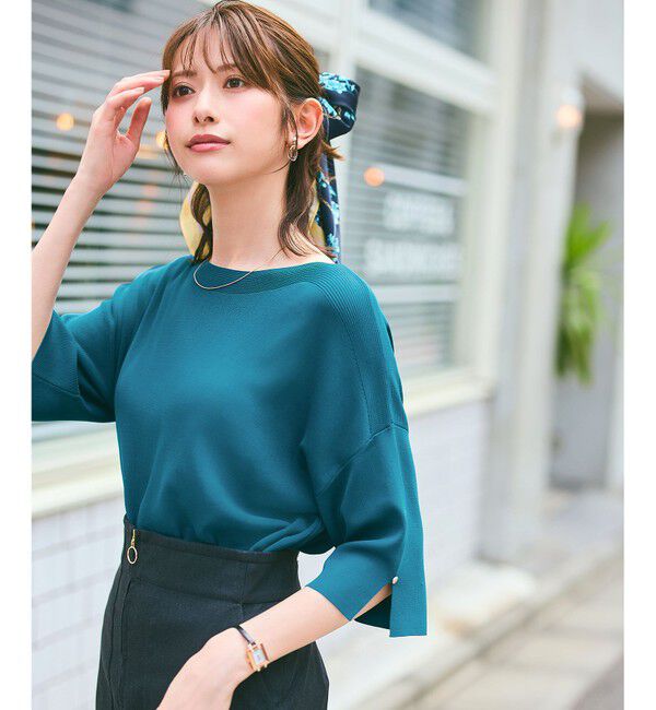 ANY SIS「【接触冷感・UVカット・洗える】ビューティクールボートネック プルオーバー」|ニット・セーター|グリーン