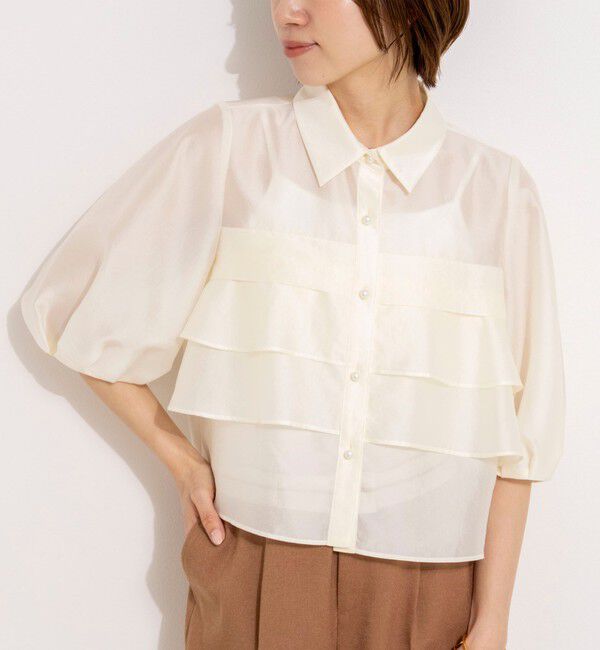 NOLLEY'S「シアーシルキーパール釦フリルブラウス」|シャツ・ブラウス|オフホワイト