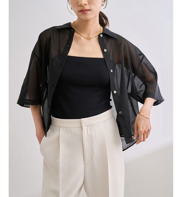 ROPE「【洗える】コットンシアークロップドシャツ」|シャツ・ブラウス|ブラック(01)