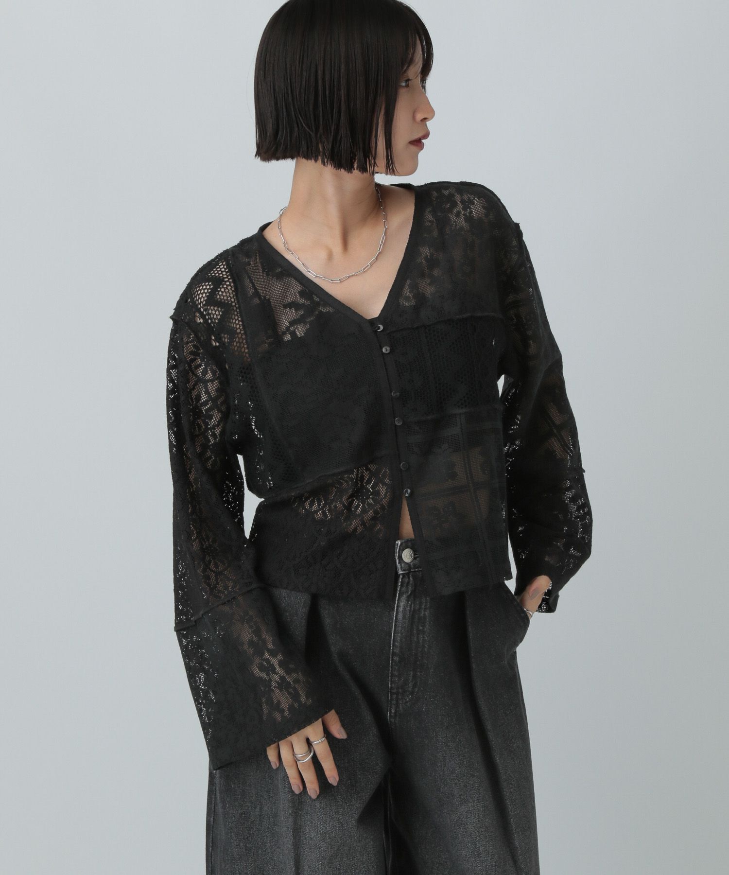 LOWRYS FARM「レースパッチワークカーディガン」|カーディガン|BLK