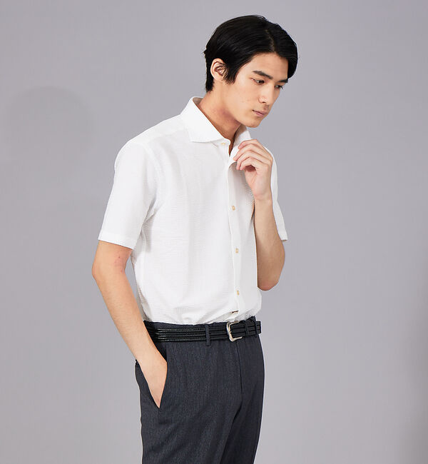 ABAHOUSE「クールテックス シアサッカー ストライプ 半袖シャツ」|シャツ・ブラウス|オフホワイト