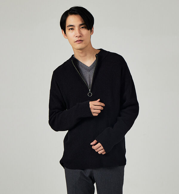 ABAHOUSE「畦ブークレ ハーフジップ プルオーバー ニット」|ニット・セーター|ブラック