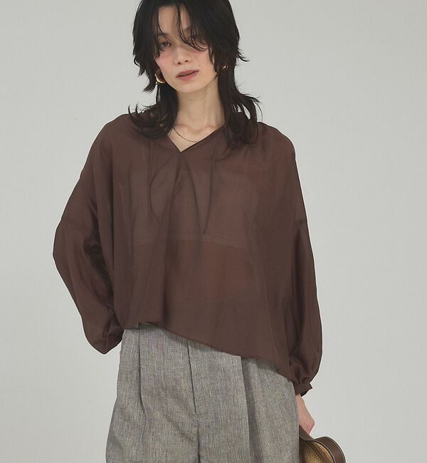 qualite「【シルク混で上品】ブライトローンボリュームシアーブラウス」|シャツ・ブラウス|ブラウン