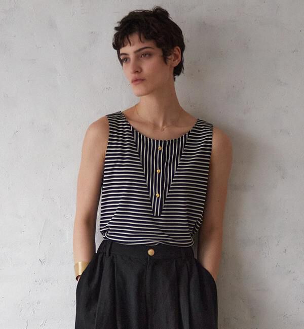 Liesse「ゴールド釦切り替えボーダータンクトップ」|Tシャツ・カットソー|ブラック&times;ホワイト