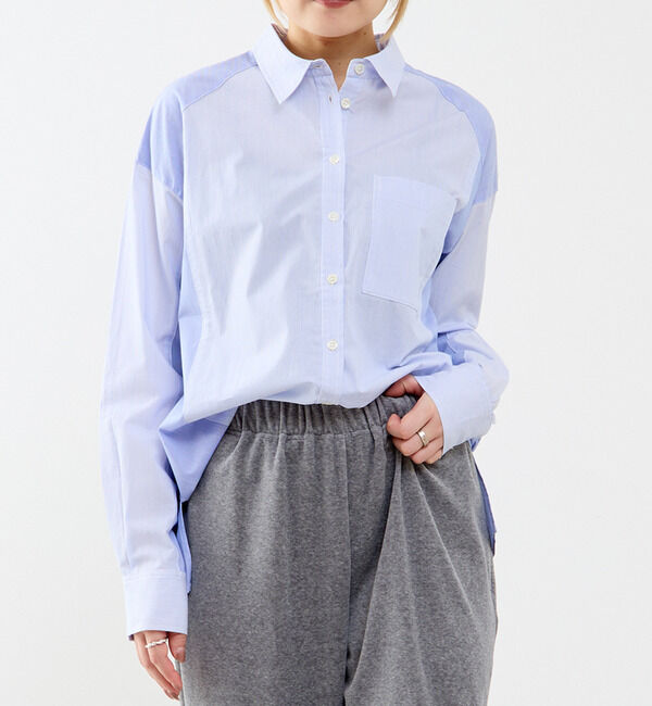 SOFFITTO「コットン先染めストライプMIXシャツ」|シャツ・ブラウス|ブルー
