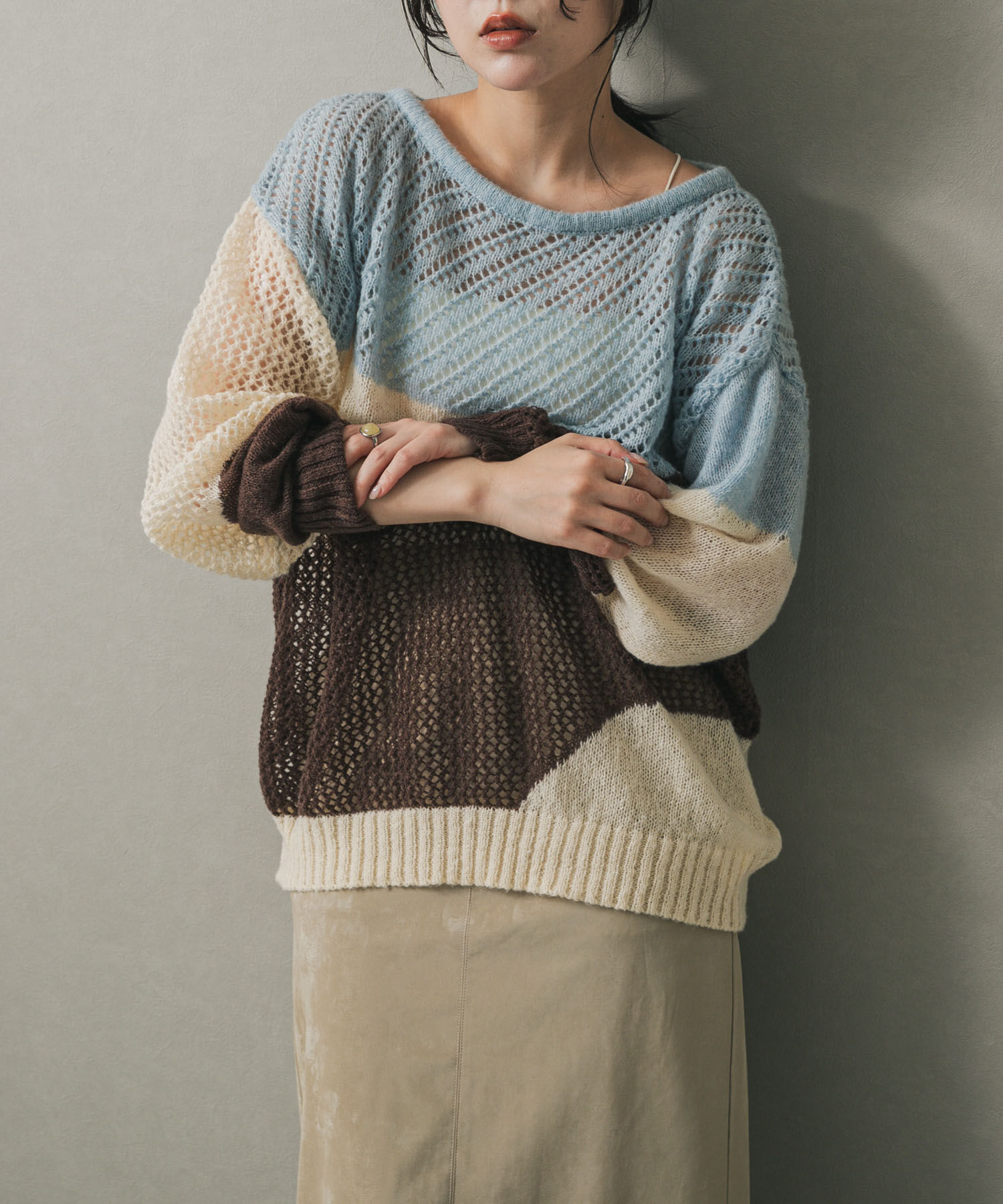 SENSE OF PLACE by URBAN RESEARCH「パッチワークメッシュセーター」|ニット・セーター|ブルー系その他