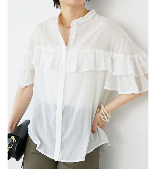  「バンドカラーシアーフリルブラウス」|シャツ・ブラウス|