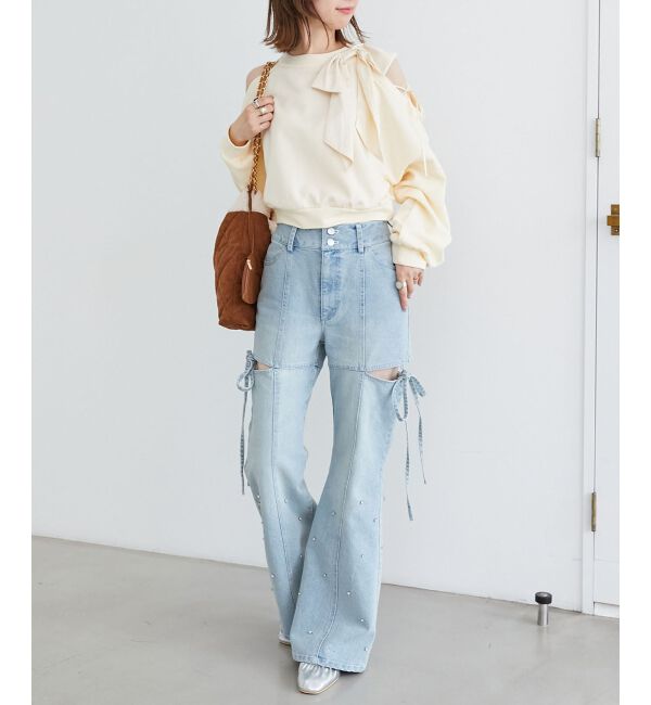  「オープンショルダーリボンスウェット」|スウェット・ジャージ|