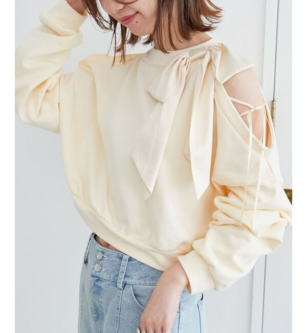  「オープンショルダーリボンスウェット」|スウェット・ジャージ|