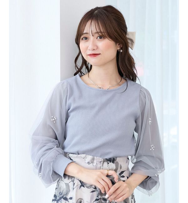  「パールチュールスリーブ長袖トップス」|Tシャツ・カットソー|