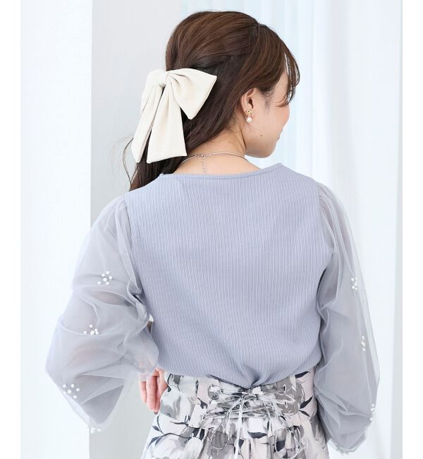 「パールチュールスリーブ長袖トップス」|Tシャツ・カットソー|
