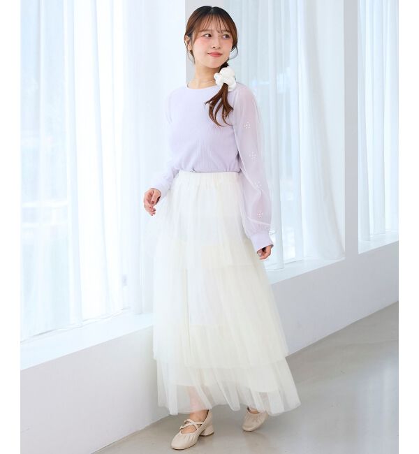  「パールチュールスリーブ長袖トップス」|Tシャツ・カットソー|