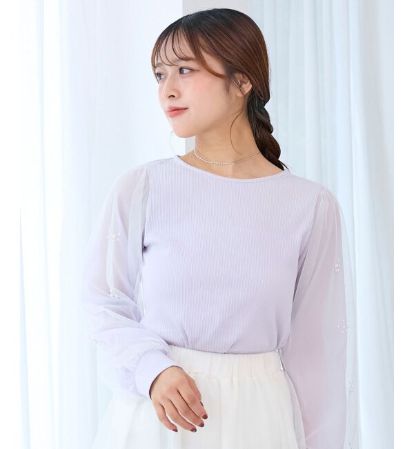  「パールチュールスリーブ長袖トップス」|Tシャツ・カットソー|