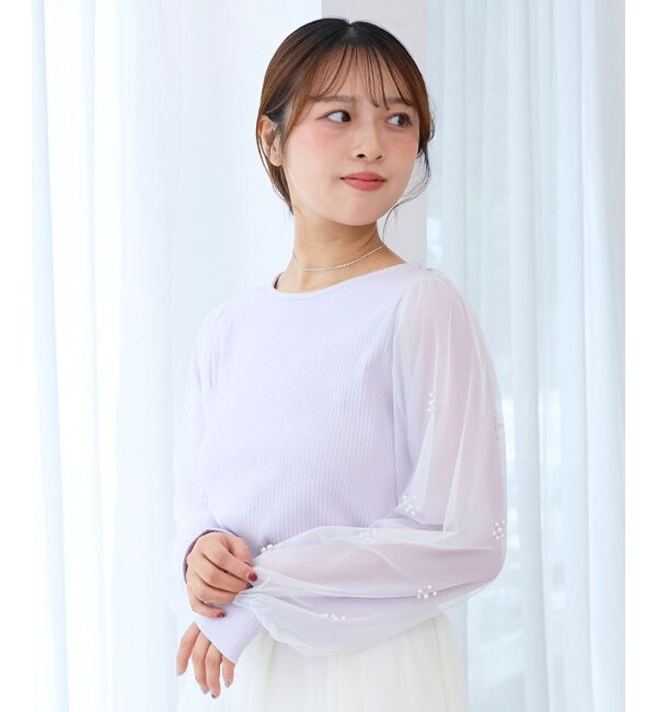  「パールチュールスリーブ長袖トップス」|Tシャツ・カットソー|