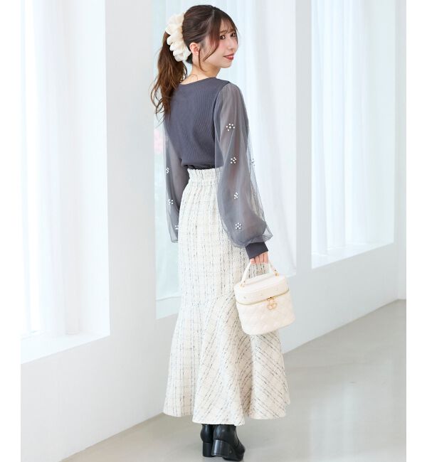  「パールチュールスリーブ長袖トップス」|Tシャツ・カットソー|