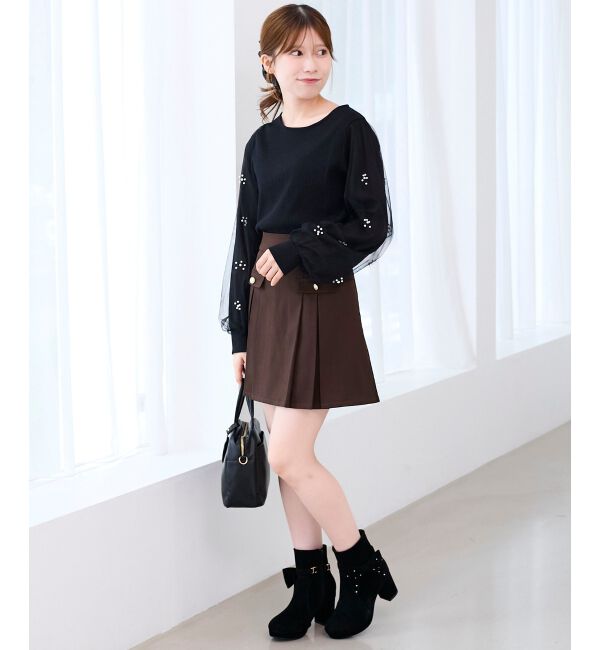  「パールチュールスリーブ長袖トップス」|Tシャツ・カットソー|