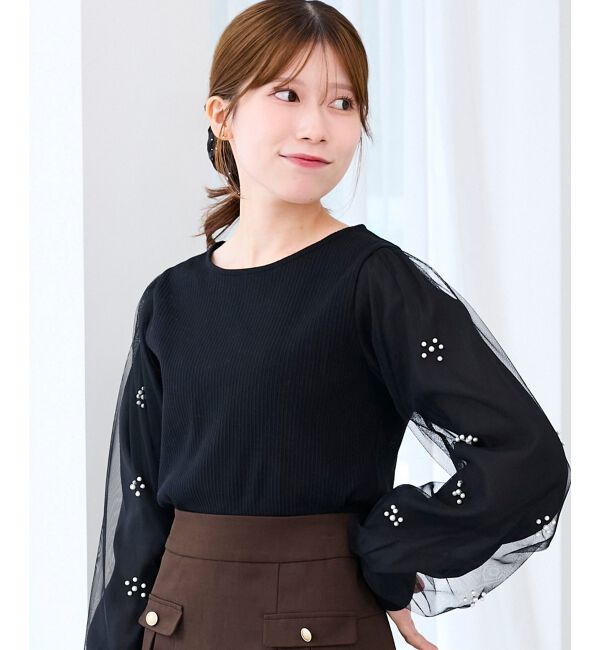  「パールチュールスリーブ長袖トップス」|Tシャツ・カットソー|