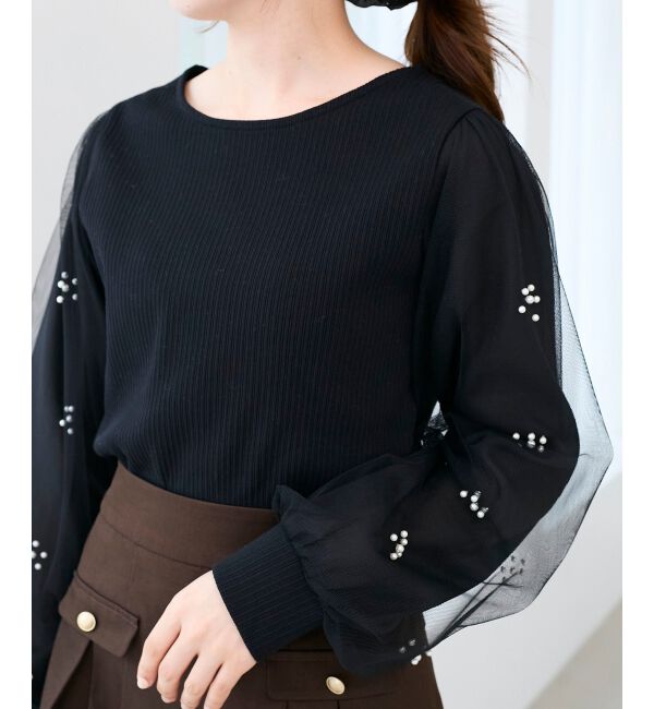  「パールチュールスリーブ長袖トップス」|Tシャツ・カットソー|ブラック