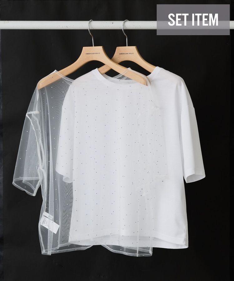 AMERICAN HOLIC「【2点SET】ラインストーンチュールレイヤードTシャツ」|Tシャツ・カットソー|
