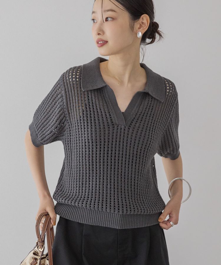 AMERICAN HOLIC「衿付きメッシュ編み半袖ニットプルオーバー」|ニット・セーター|