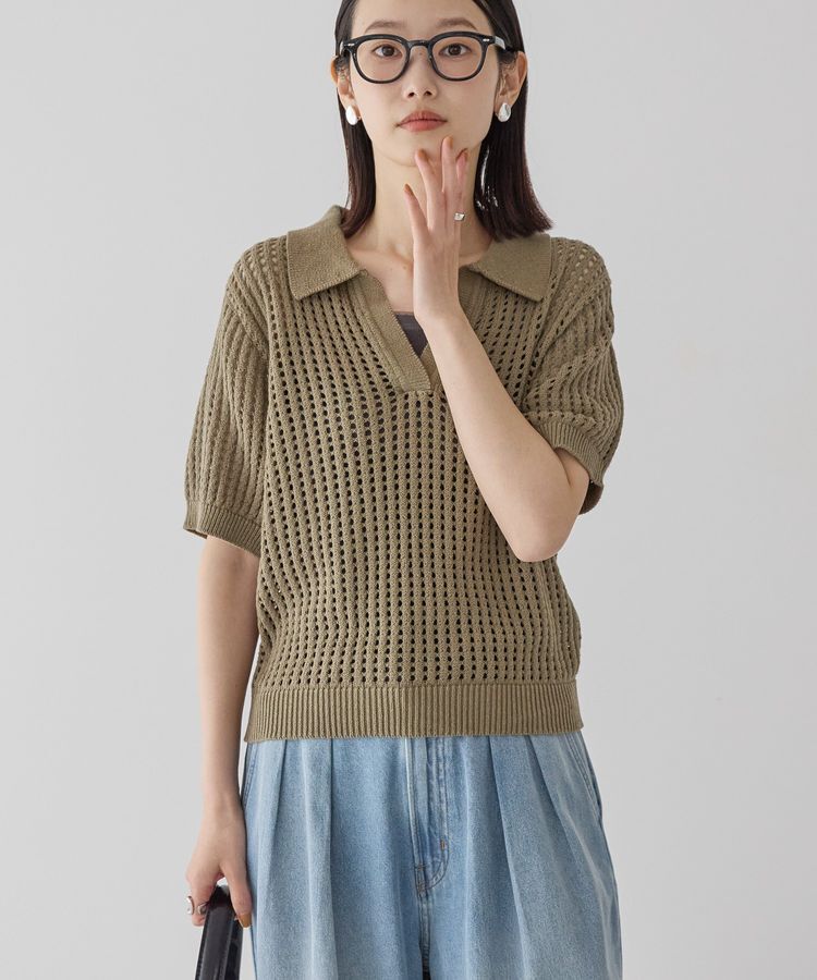 AMERICAN HOLIC「衿付きメッシュ編み半袖ニットプルオーバー」|ニット・セーター|