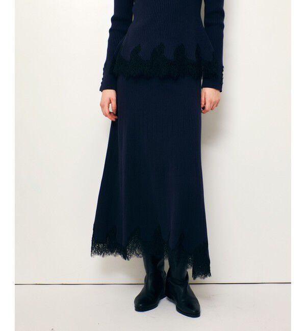 allureville「レースドッキングニットスカート」|スカート|ネイビー