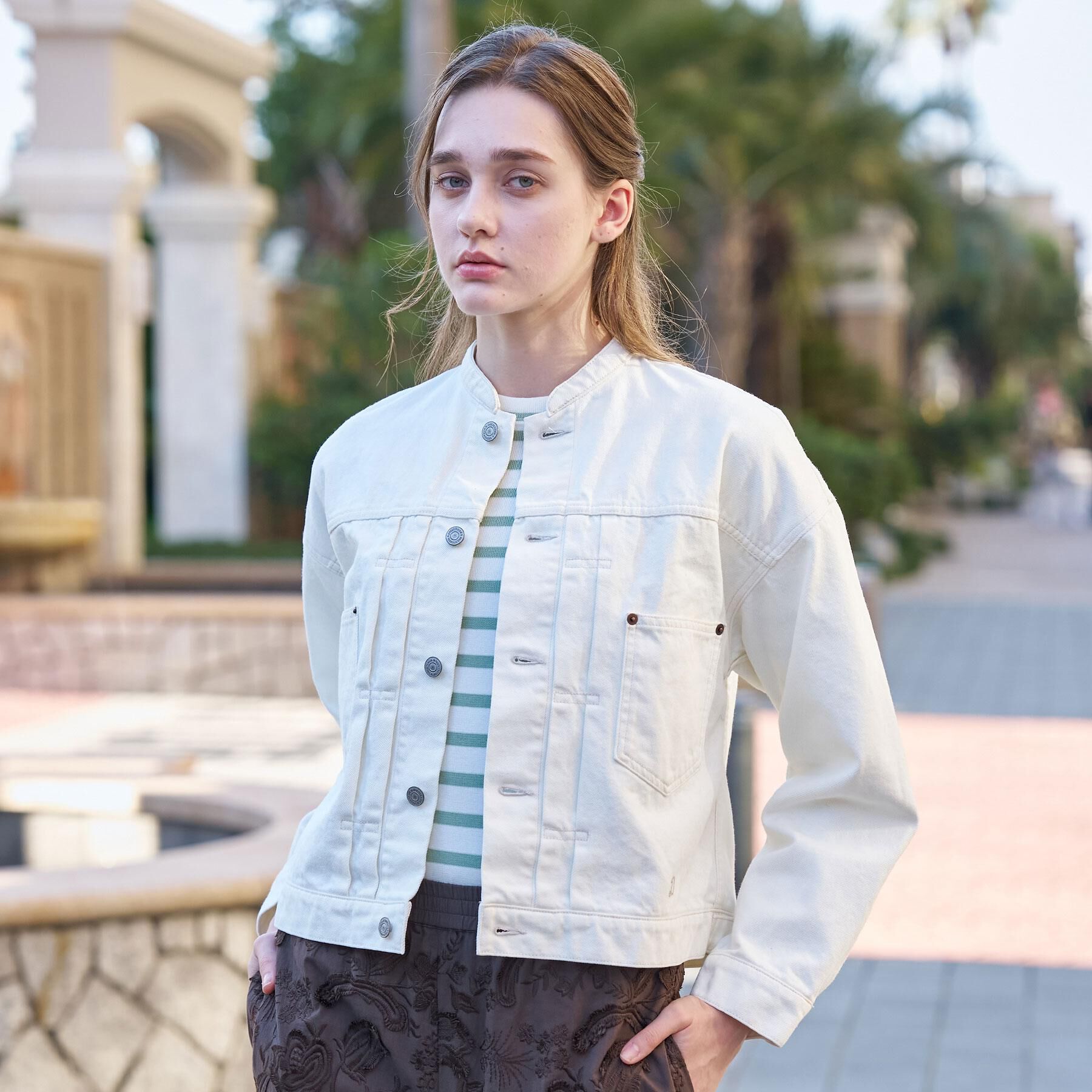 DRESSTERIOR「ヴィンテージバンドカラーGジャンホワイト」|デニムジャケット|オフホワイト(003