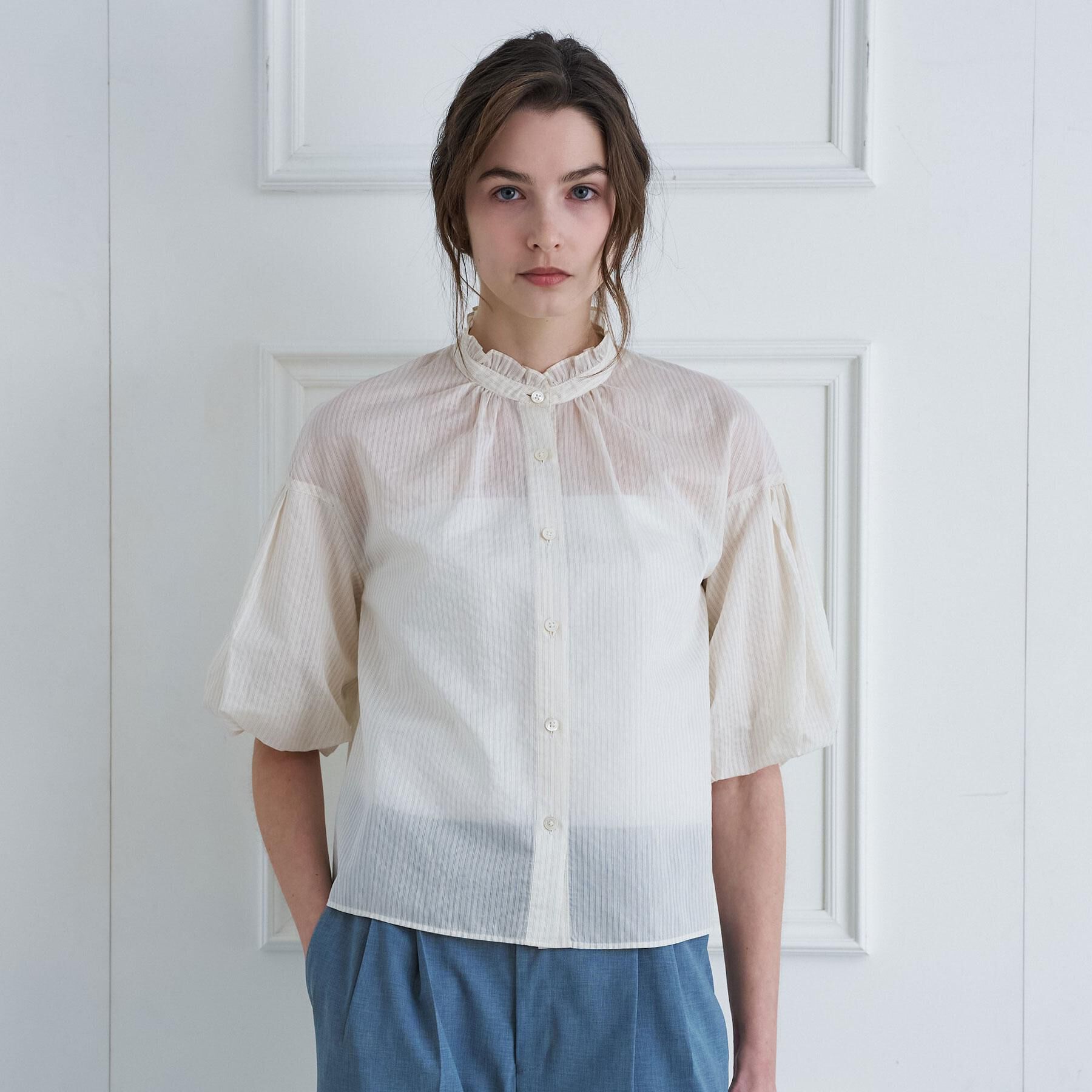 DRESSTERIOR「シアーストライプスタンドフリルボリューム」|シャツ・ブラウス|アイボリー(304)