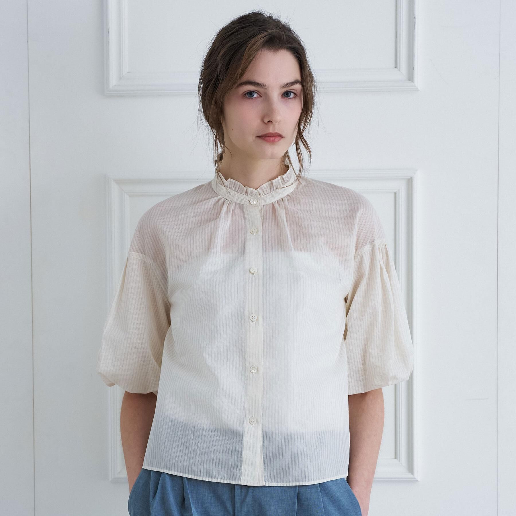 DRESSTERIOR「シアーストライプスタンドフリルボリューム」|シャツ・ブラウス|