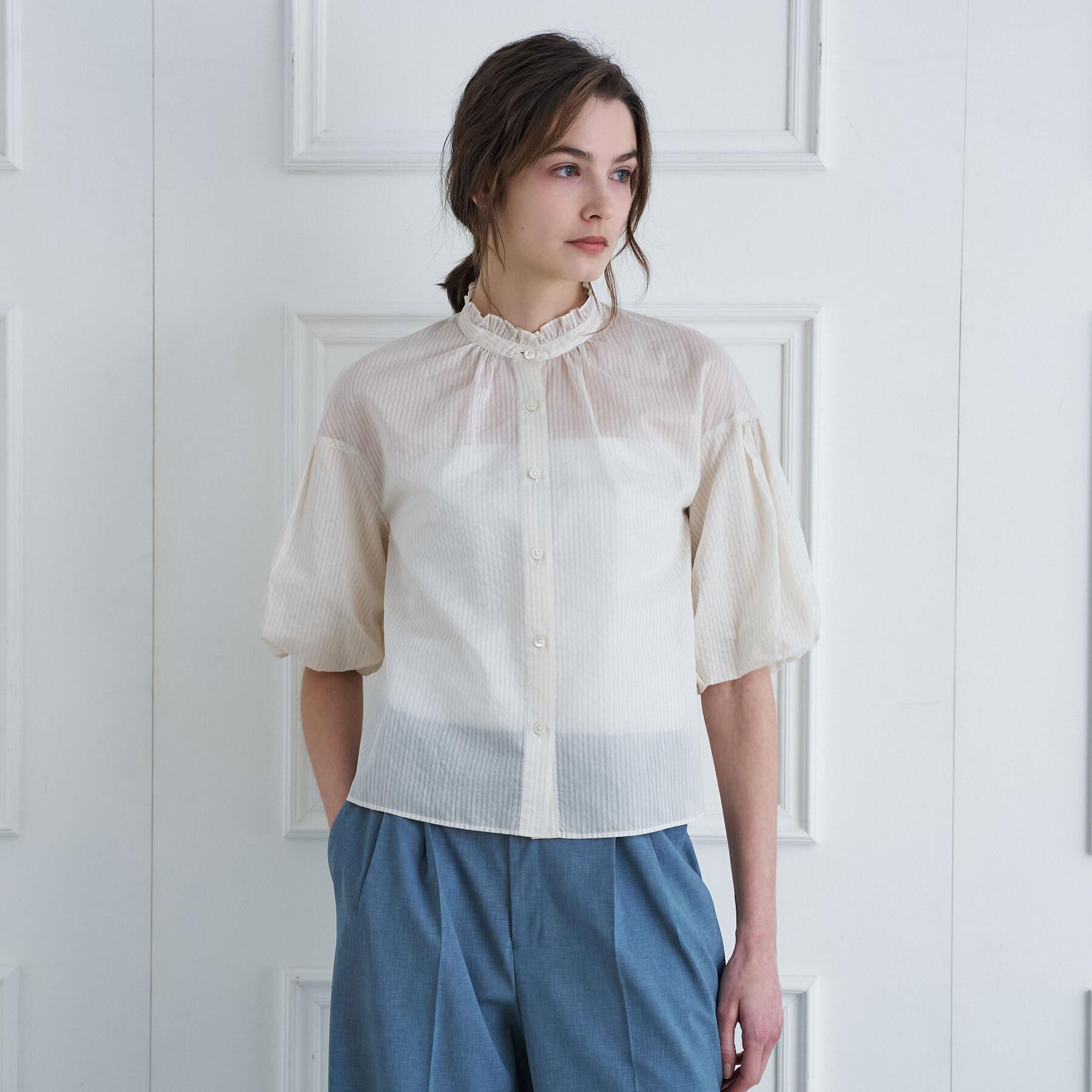 DRESSTERIOR「シアーストライプスタンドフリルボリューム」|シャツ・ブラウス|