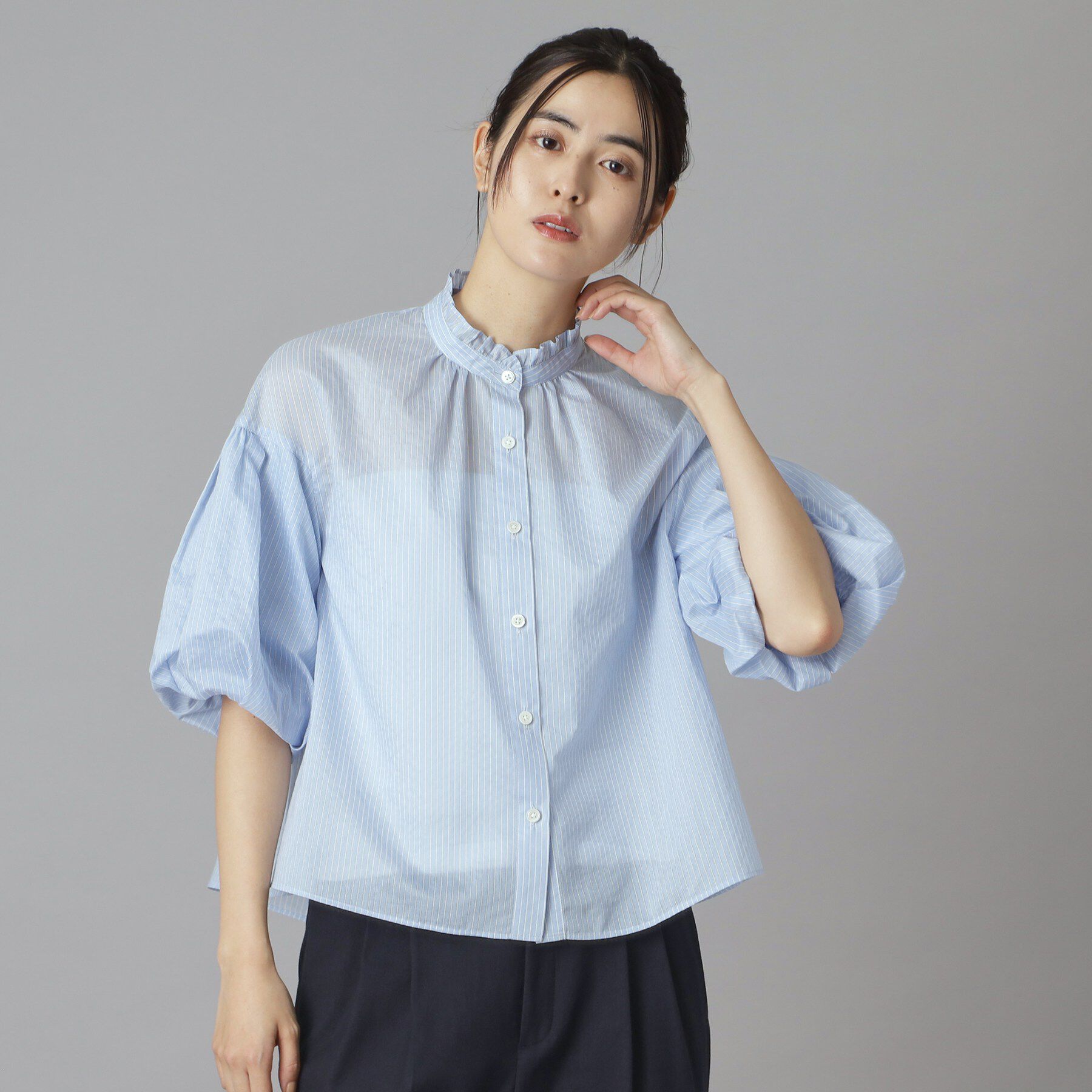 DRESSTERIOR「シアーストライプスタンドフリルボリューム」|シャツ・ブラウス|