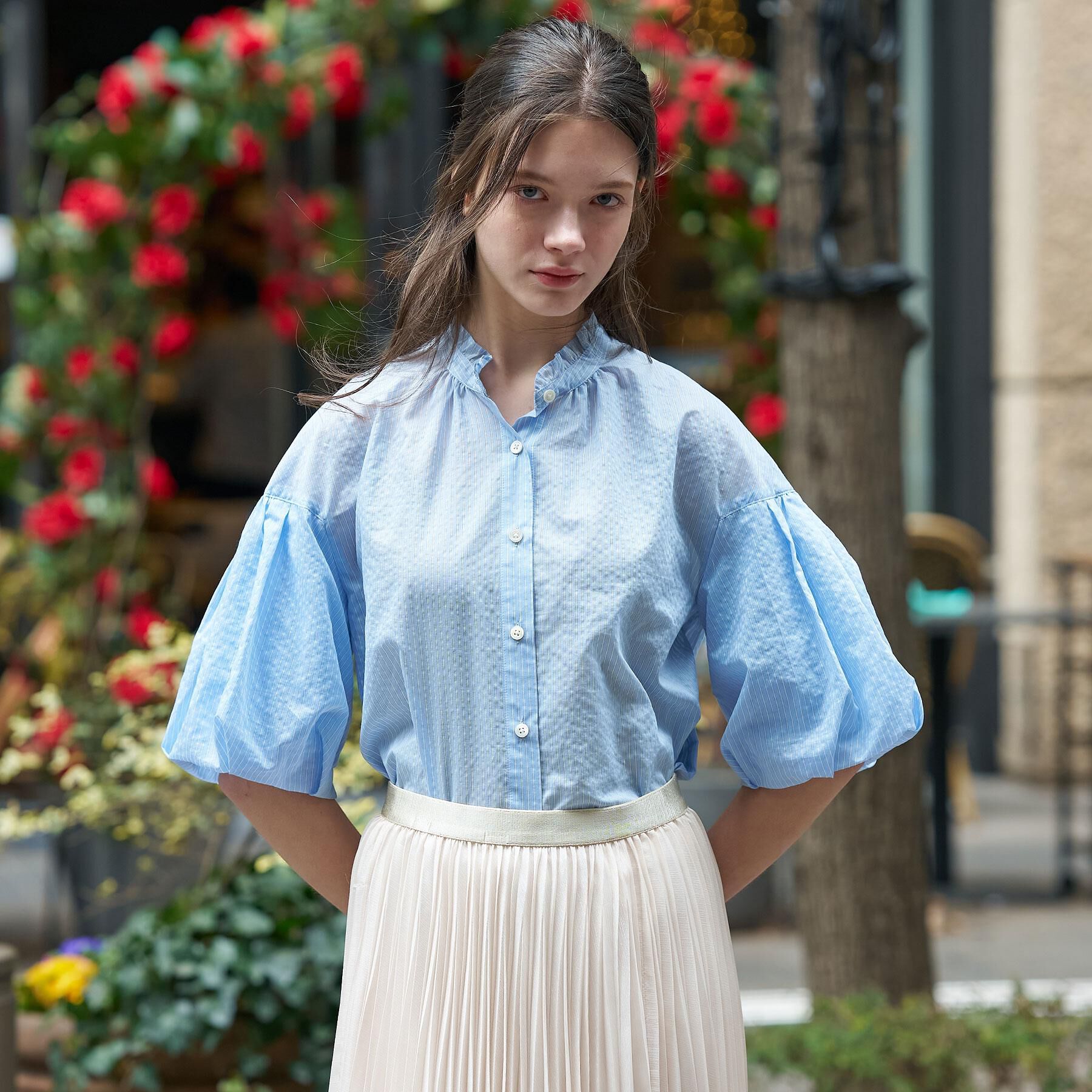 DRESSTERIOR「シアーストライプスタンドフリルボリューム」|シャツ・ブラウス|