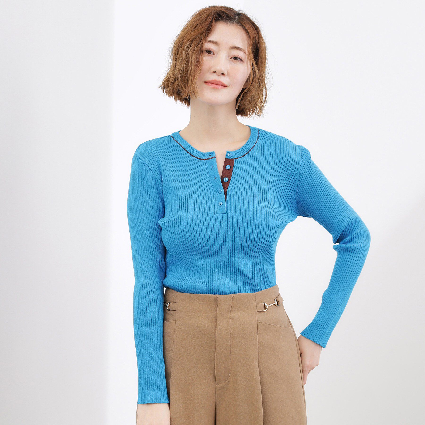 grove「バイカラー ヘンリーネックリブニット」|ニット・セーター|