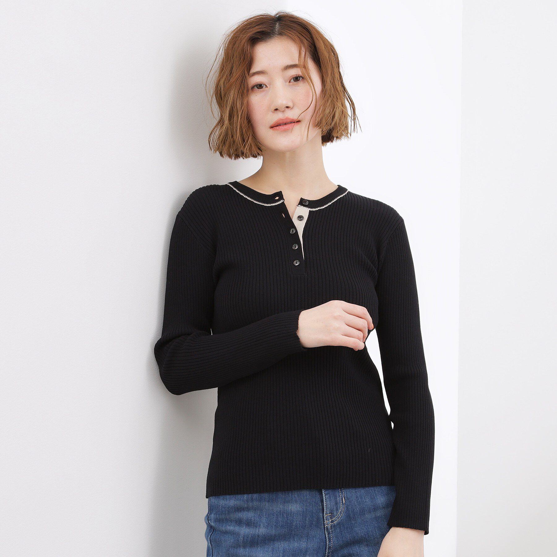 grove「バイカラー ヘンリーネックリブニット」|ニット・セーター|