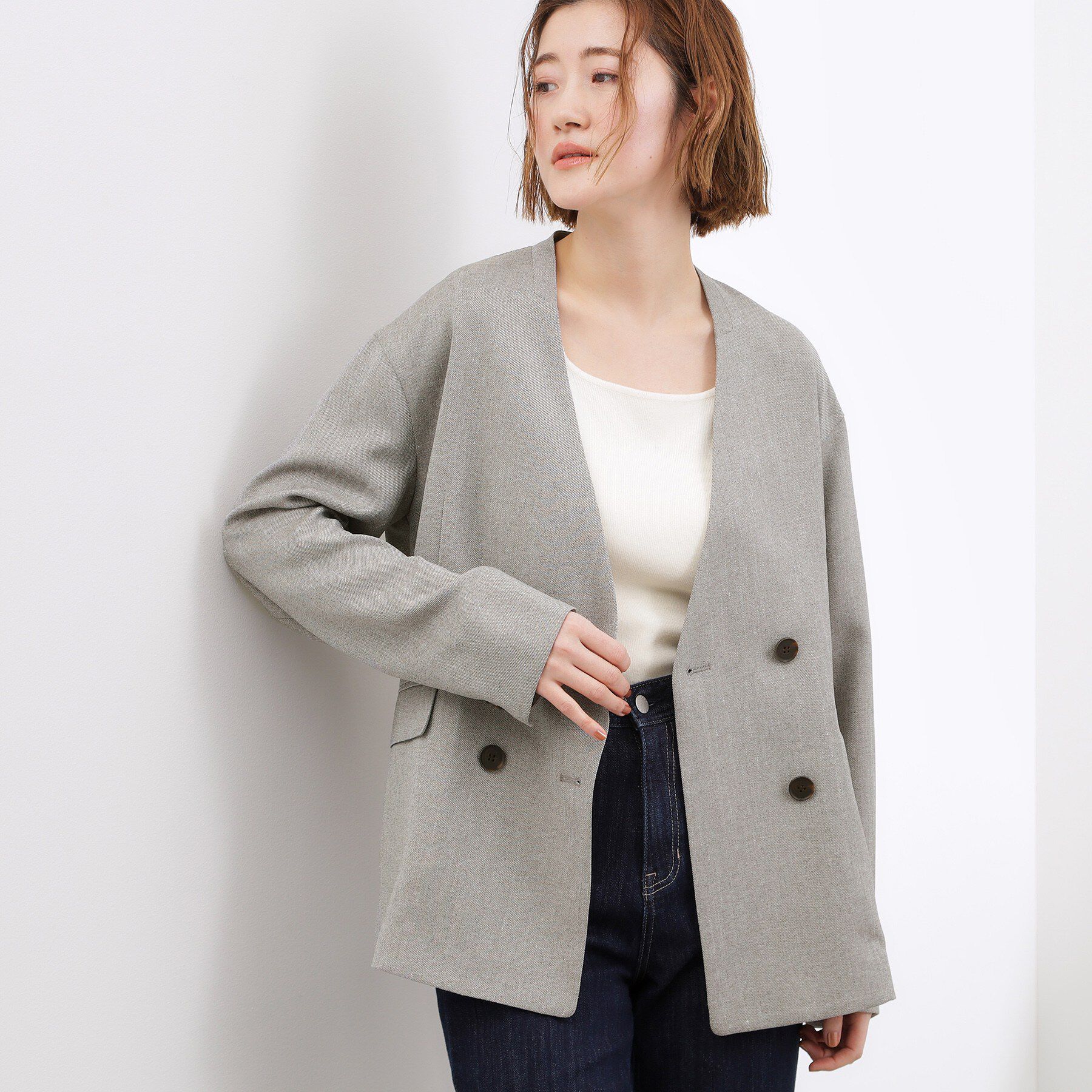 grove「【貴島明日香さん着用】リネンライクカラーレスジャケット」|ノーカラージャケット|