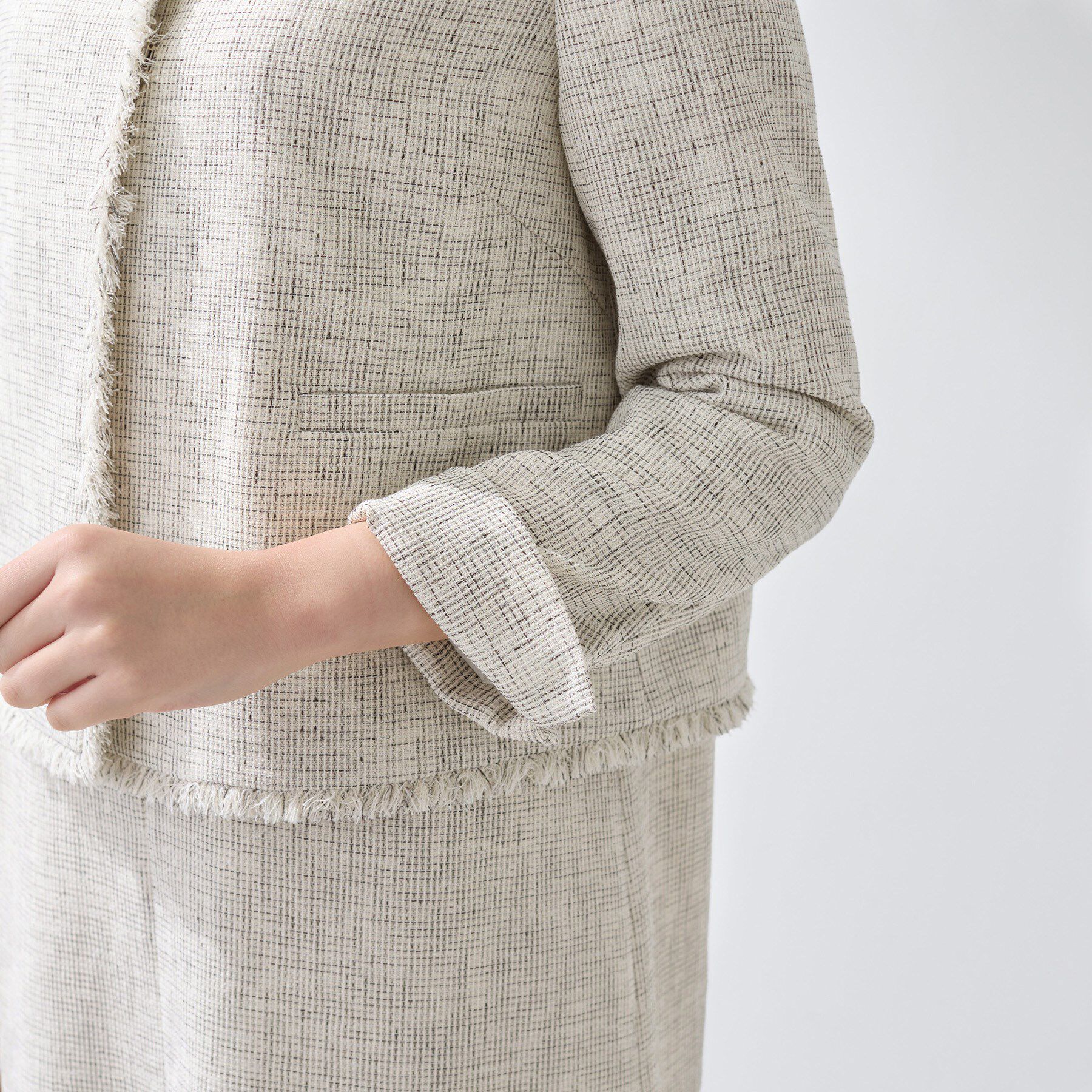 INDIVI「【軽量／セレモニー／SETUP可能】ストレッチツイードジャケット」|ノーカラージャケット|