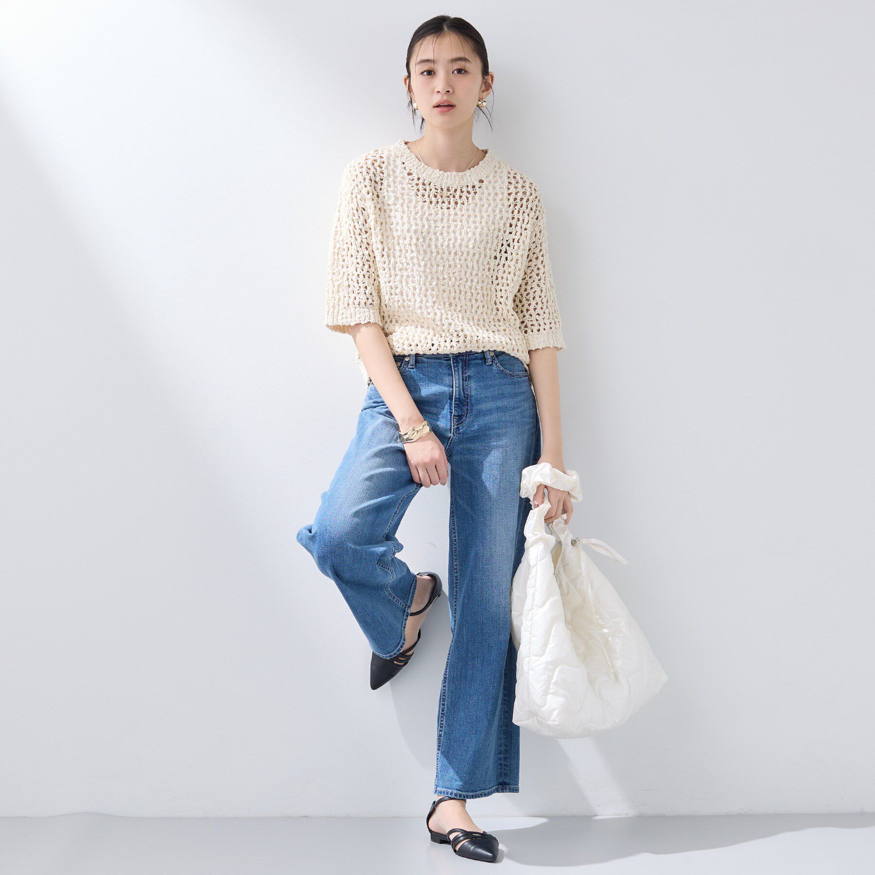 INDIVI「【洗える／ラメ混／5分袖】イタリア糸ファンシーヤーンニット」|ニット・セーター|