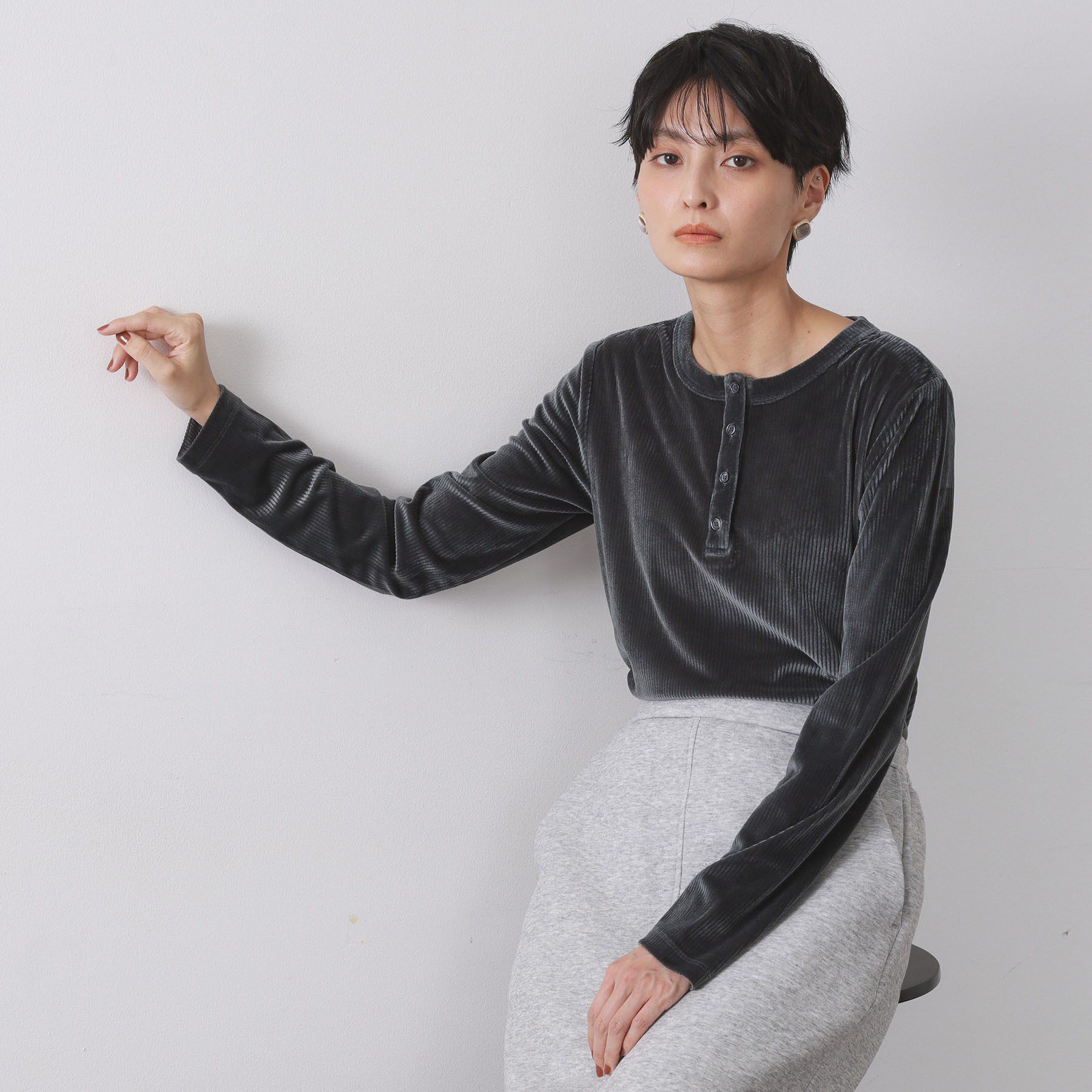 OPAQUE.CLIP「ベロアタッチリブトップス【洗濯機OK】」|Tシャツ・カットソー|チャコールグレー(0